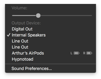 Listening on an iPhone, the AirPods appear on the Mac in the audio menu with battery status for each earphone